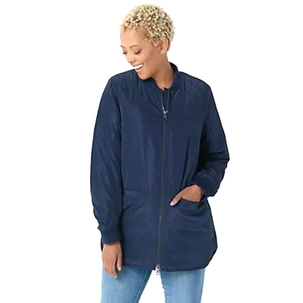 2X Logo Puffer Coat Quilted Jacket Lori Goldstein Navy Blue Midi Zip Front Lined